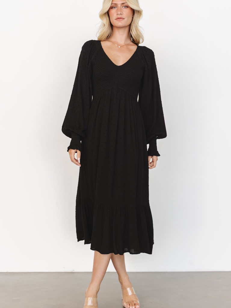 Baltic Born Lainey Smocked Dotted Midi Dress | Black Size Ss